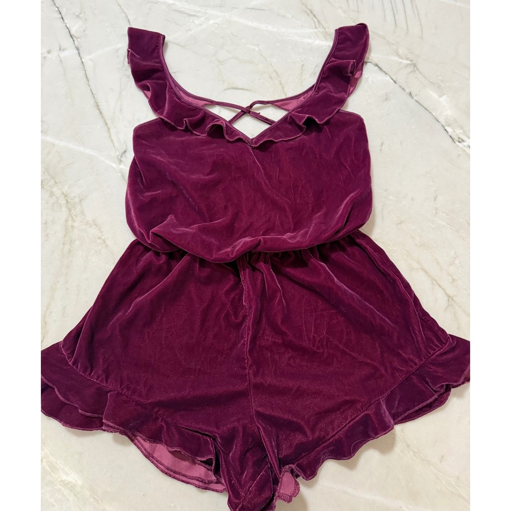 Victorias Secret Velvet‎ Romper Burgundy Ruffle Trim Sleepwear XS
